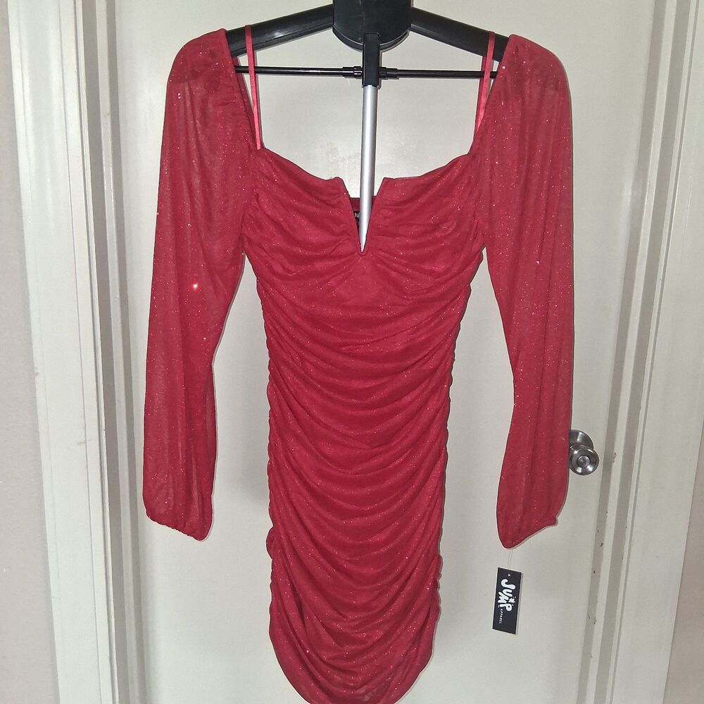 Jump Apparel Red Glitter Ruched Bodycon Mini Dress Medium NYE Club Birthday Hoco